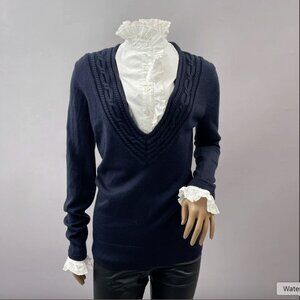 Tory Burch Black Wool Sweater – Removable White Ruffle Collar (Size XS)